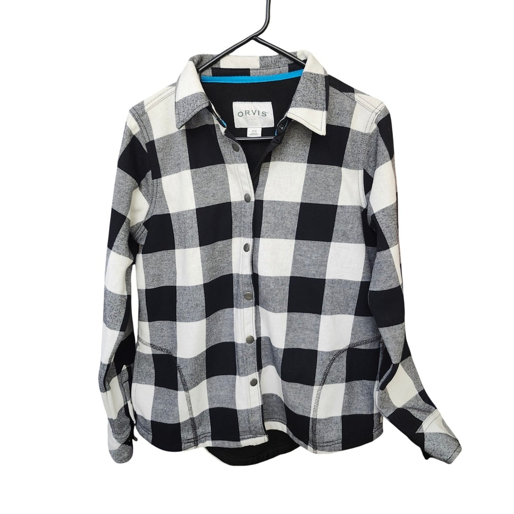 Orvis Womens Black White Buffalo Plaid Fleece Lined Snap Front Shacket M Classic